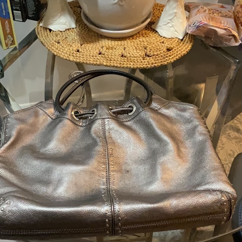 Michael Kors Metallic Pewter Pebbled Leather Double Handle Tote Handbag